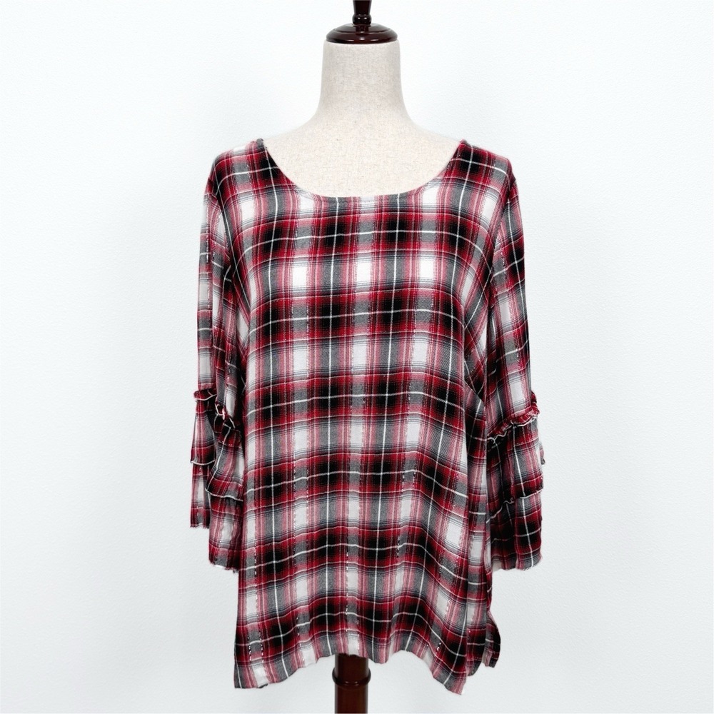 Jane & Delancey‎ Top Womens 1X Red Black Plaid Boho Classic Holiday Christmas